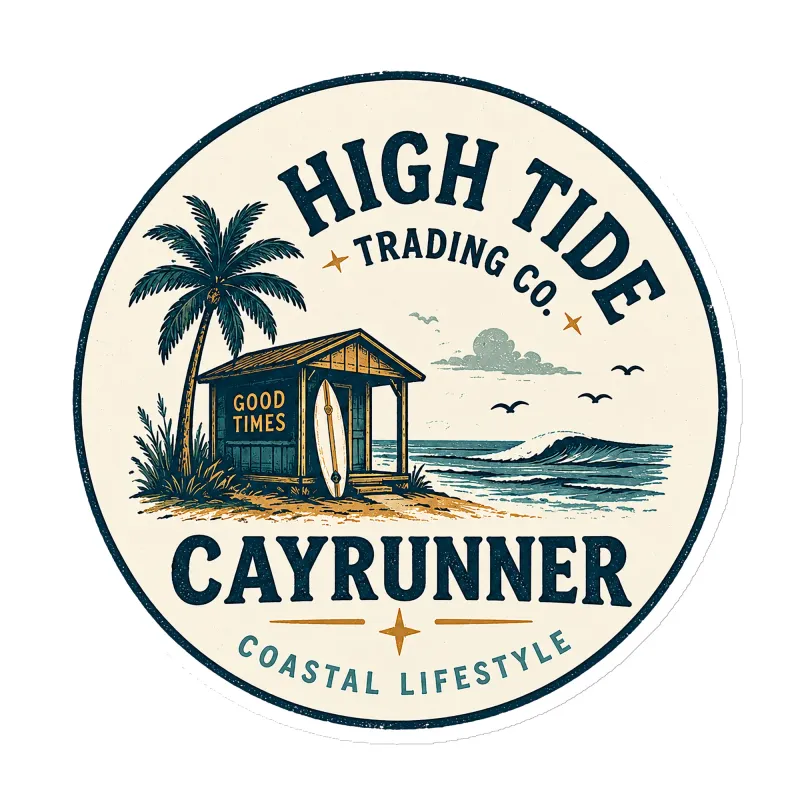 Cayrunner High Tide Trading Co. flexible magnet featuring a beach hut, palm tree, surfboard, and ocean wave design.