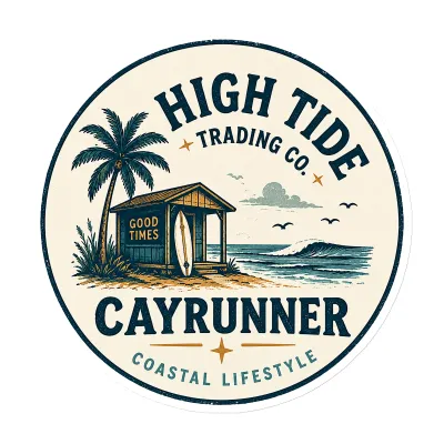 Cayrunner High Tide Trading Co. flexible magnet featuring a beach hut, palm tree, surfboard, and ocean wave design.