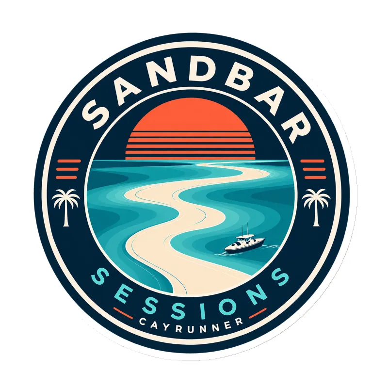 Cayrunner Sandbar Sessions flexible magnet with retro sunset, winding sandbar, boat, and palm trees on navy design.