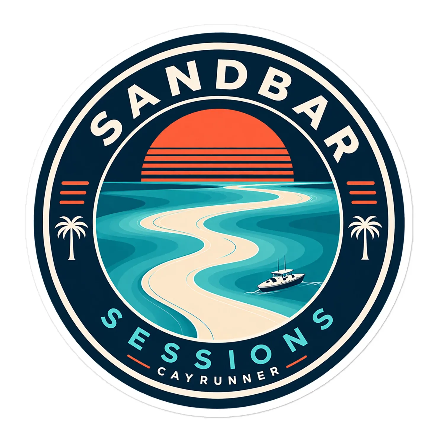 Cayrunner Sunset Sandbar sticker with retro sunset, winding sandbar, boat, and palm trees on a navy circular badge.