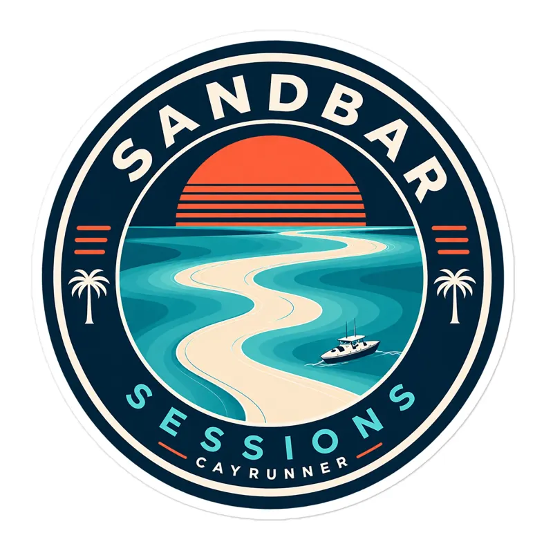 Cayrunner Sunset Sandbar sticker with retro sunset, winding sandbar, boat, and palm trees on a navy circular badge.