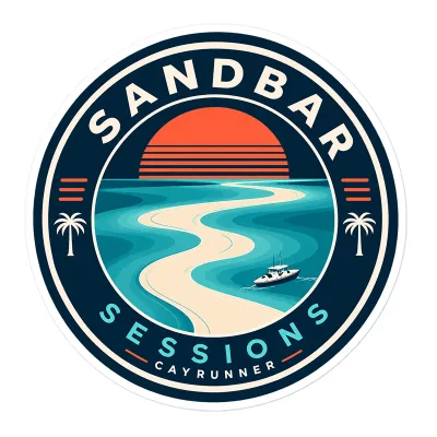 Cayrunner Sunset Sandbar sticker with retro sunset, winding sandbar, boat, and palm trees on a navy circular badge.