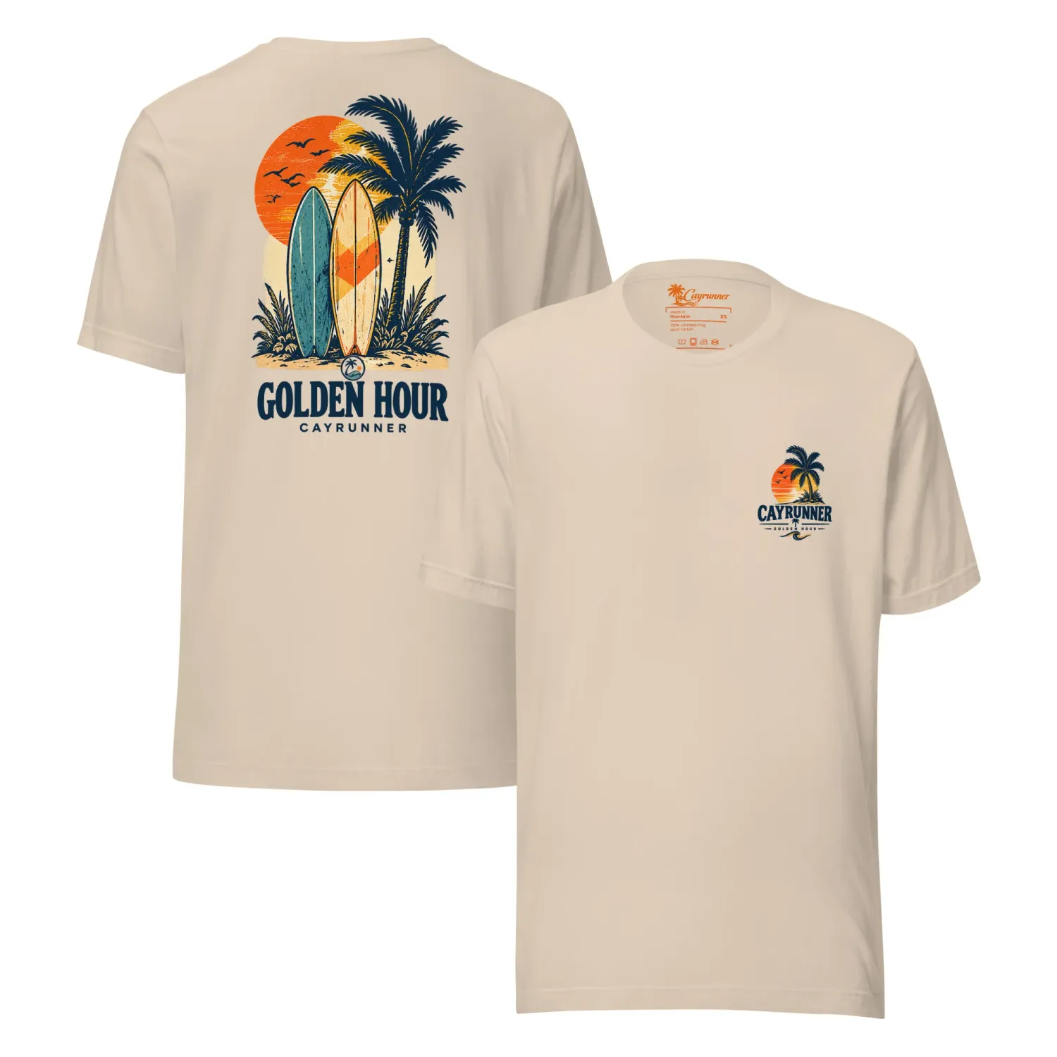 Cayrunner Sunset Boards unisex t-shirt in soft cream, front logo and back "Golden Hour" surfboard and palm tree design.