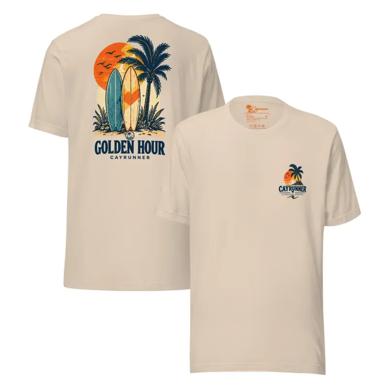 Cayrunner Sunset Boards unisex t-shirt in soft cream, front logo and back "Golden Hour" surfboard and palm tree design.