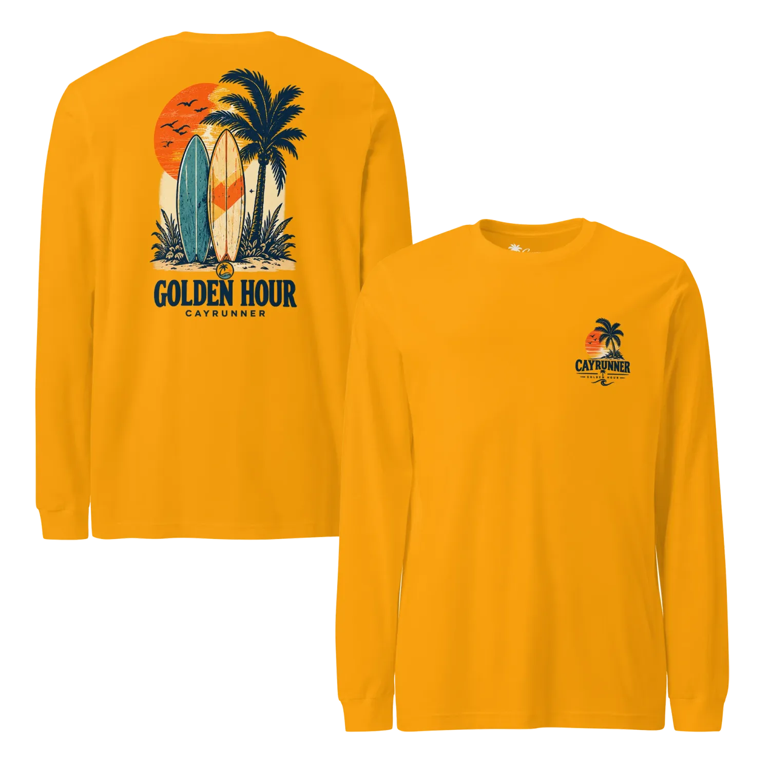 Cayrunner Sunset Boards unisex long sleeve tee in gold, front logo and back "Golden Hour" surfboard and palm tree design.
