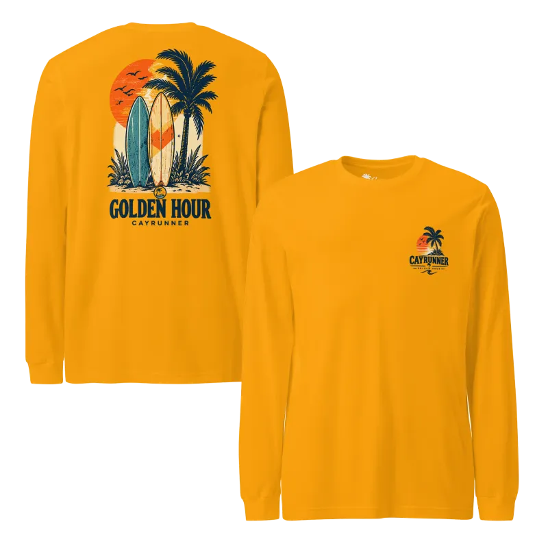 Cayrunner Sunset Boards unisex long sleeve tee in gold, front logo and back "Golden Hour" surfboard and palm tree design.