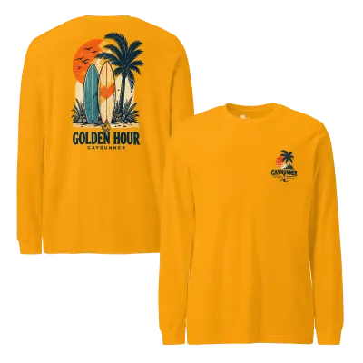 Cayrunner Sunset Boards unisex long sleeve tee in gold, front logo and back "Golden Hour" surfboard and palm tree design.