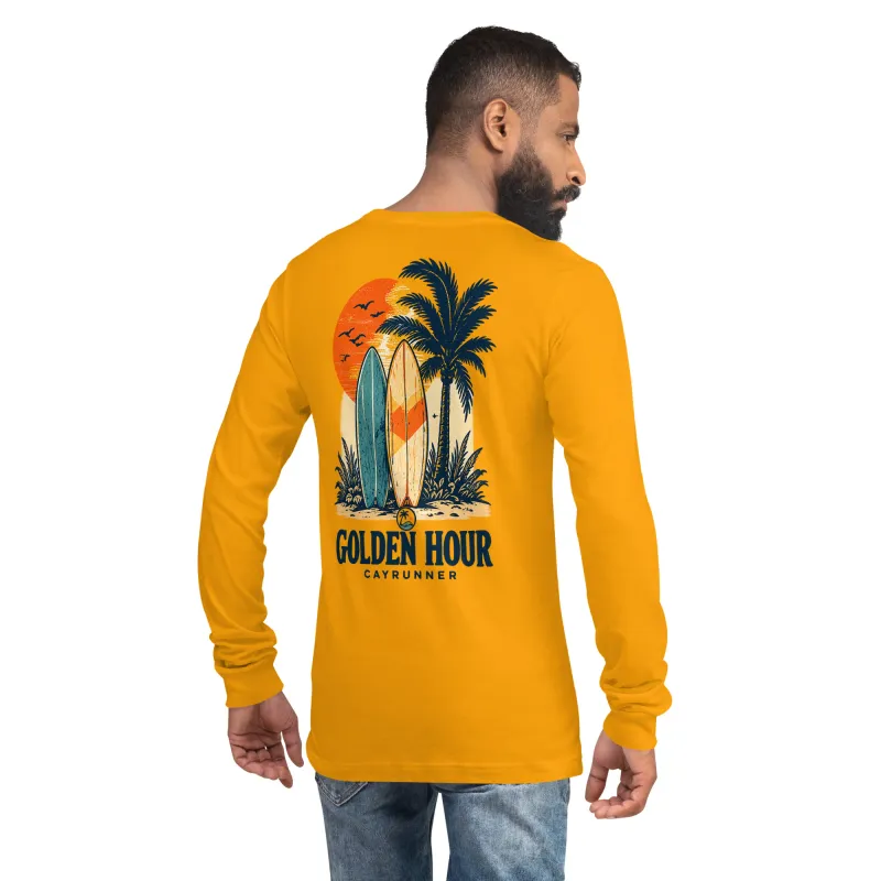 Man wearing Cayrunner Sunset Boards unisex long sleeve tee in gold, back view showing "Golden Hour" surfboard design.