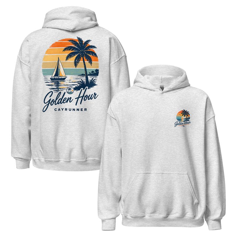 Cayrunner Sunset Sail unisex hoodie in ash gray, front logo and back "Golden Hour" sailboat and palm tree design.