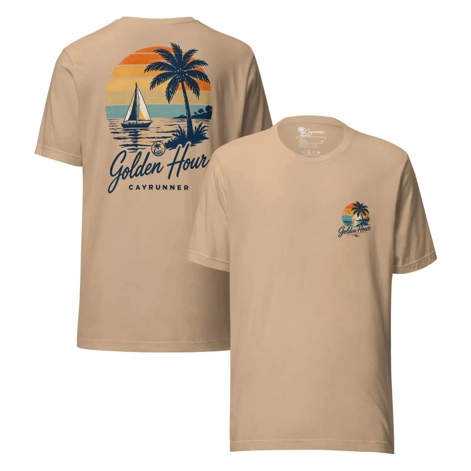 Cayrunner Sunset Sail unisex t-shirt in tan, showing front logo and back "Golden Hour" sailboat and palm tree design.