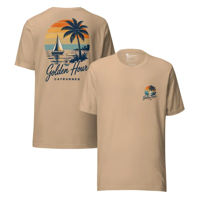Cayrunner Sunset Sail unisex t-shirt in tan, showing front logo and back "Golden Hour" sailboat and palm tree design.