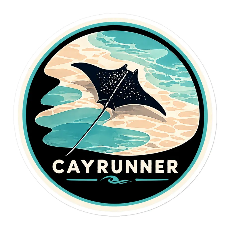Cayrunner Silent Glide sticker: circular badge of a manta ray gliding over shallow turquoise water and sandy seabed.