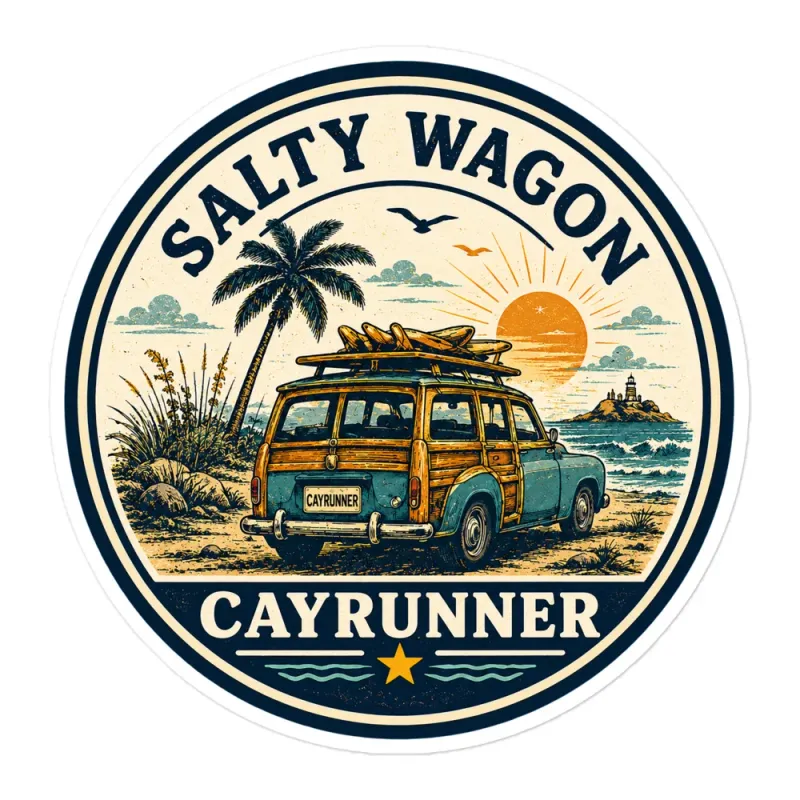 Cayrunner Salty Wagon sticker: circular badge of a woodie wagon with surfboards, palm tree, sunset, and lighthouse.