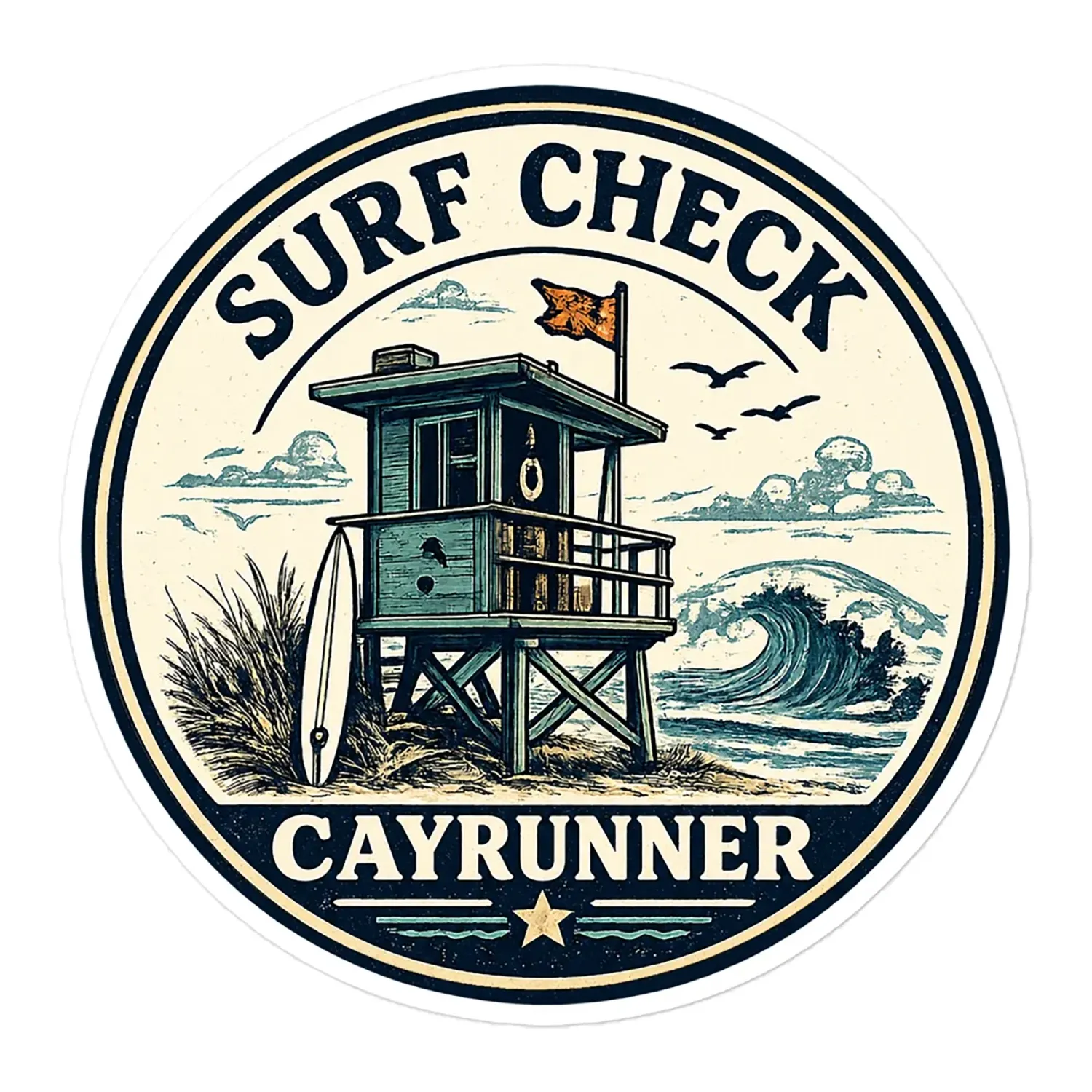 Cayrunner Surf Check sticker: circular badge with lifeguard tower, surfboard, wave, and gulls on cream background.