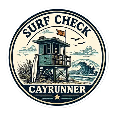 Cayrunner Surf Check sticker: circular badge with lifeguard tower, surfboard, wave, and gulls on cream background.