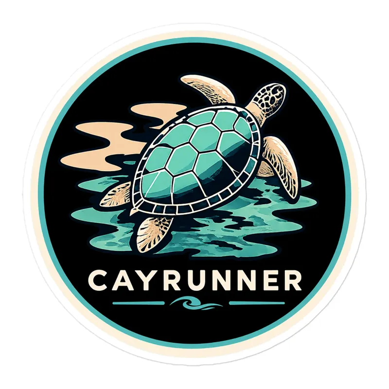 Cayrunner Turtle Drift sticker: circular badge of a teal sea turtle swimming over dark water with a black background.
