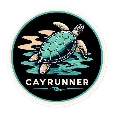 Cayrunner Turtle Drift sticker: circular badge of a teal sea turtle swimming over dark water with a black background.