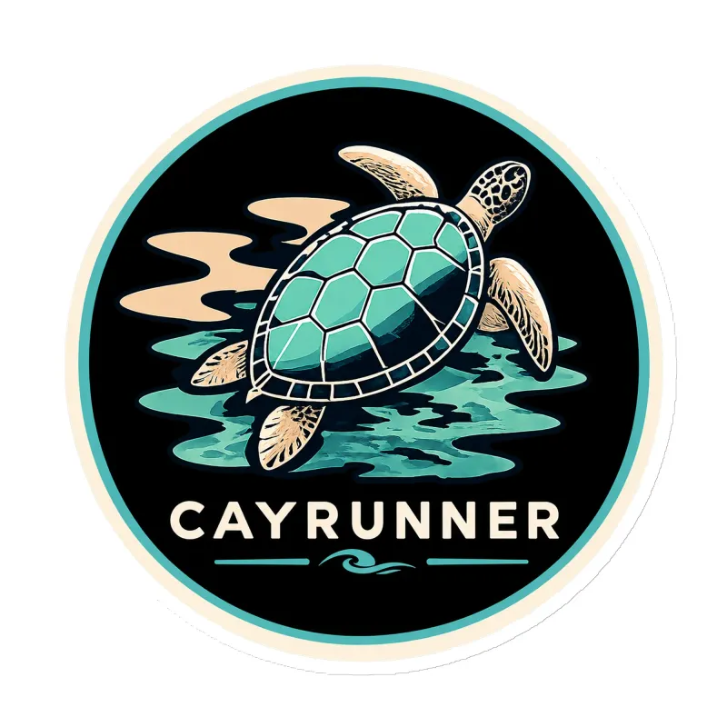 Cayrunner Turtle Drift flexible magnet: circular design of a teal sea turtle swimming over dark water, black background.