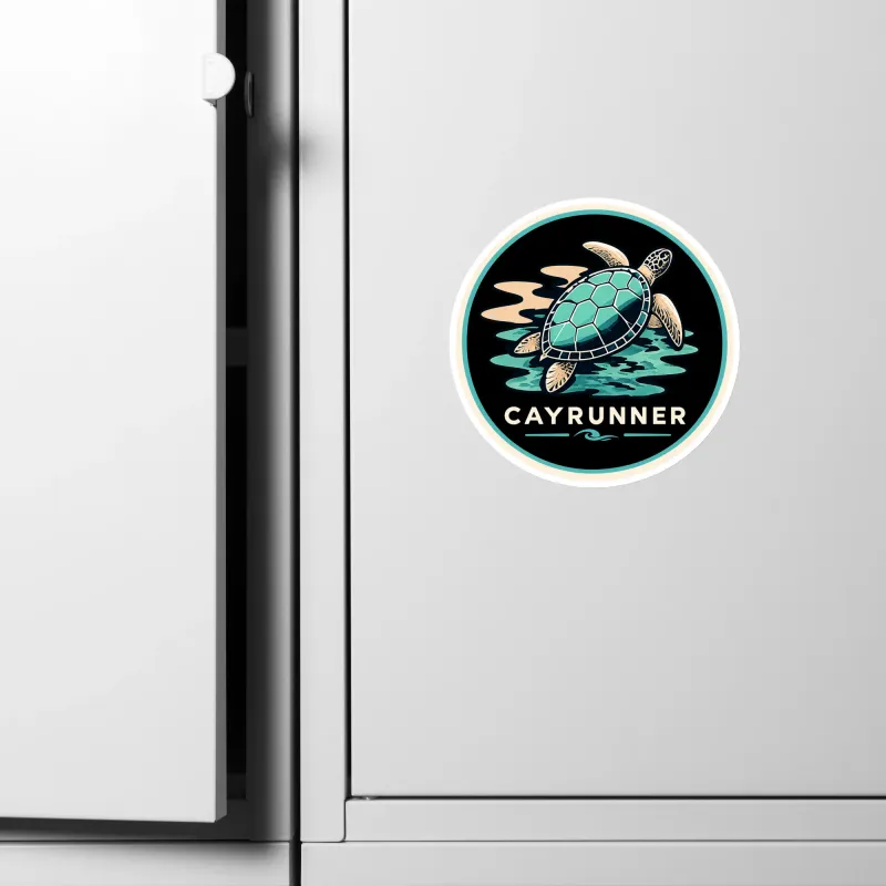 Cayrunner Turtle Drift flexible magnet on a white refrigerator door, next to the handle and seam.