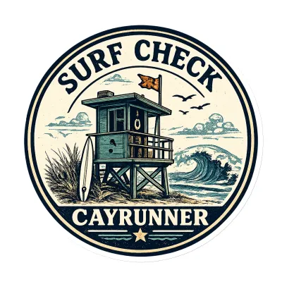 Cayrunner Surf Check flexible magnet: circular design of a lifeguard tower, surfboard, wave, and gulls on cream background.