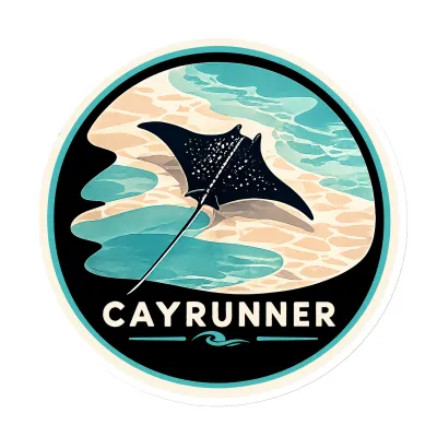 Cayrunner Silent Glide flexible magnet: circular design of a manta ray gliding over shallow turquoise water and sand.