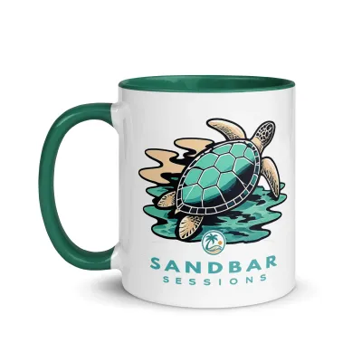 Cayrunner Sea Turtle Drift coffee mug, 11oz with dark green handle and rim, Sandbar Sessions branding on white ceramic.