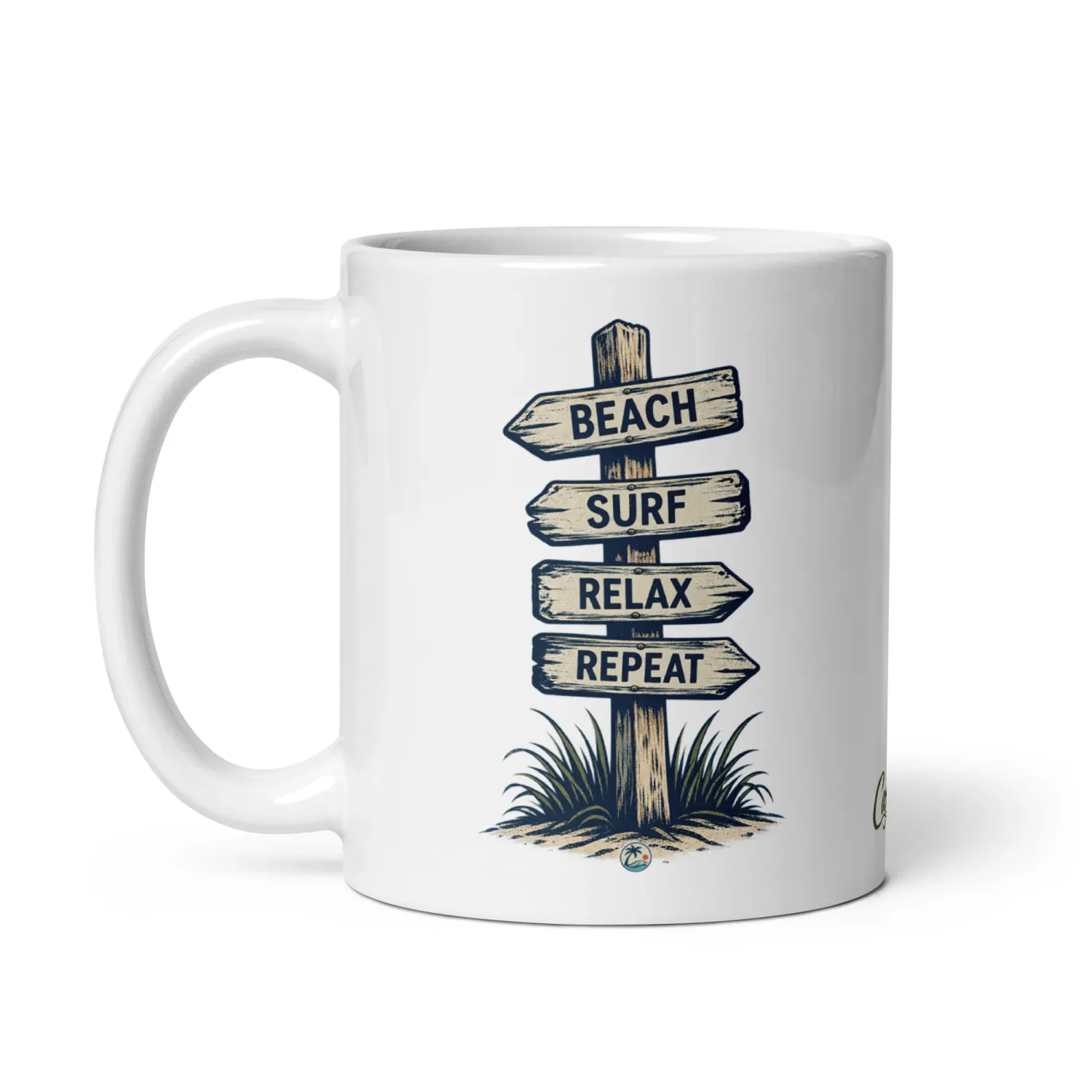 Cayrunner Find Your Coast coffee mug featuring a wooden signpost design with Beach, Surf, Relax, Repeat text.