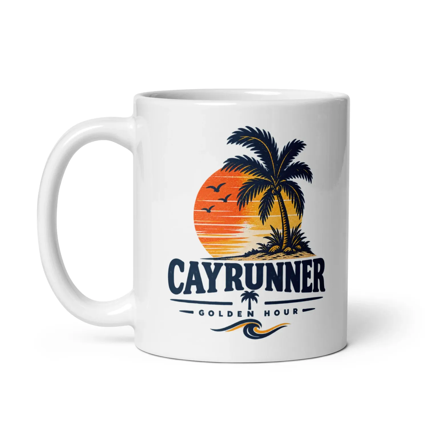 Cayrunner Golden Hour coffee mug featuring a tropical sunset with silhouetted palm trees and seabirds.