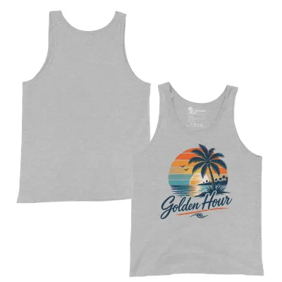 Cayrunner Golden Hour unisex tank top in athletic gray, showing front and back with tropical sunset design.
