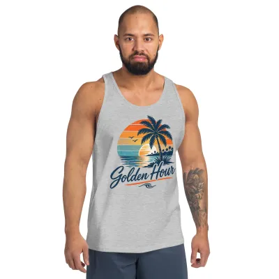 Man wearing a Cayrunner Golden Hour unisex tank top in athletic gray with a tropical sunset graphic.