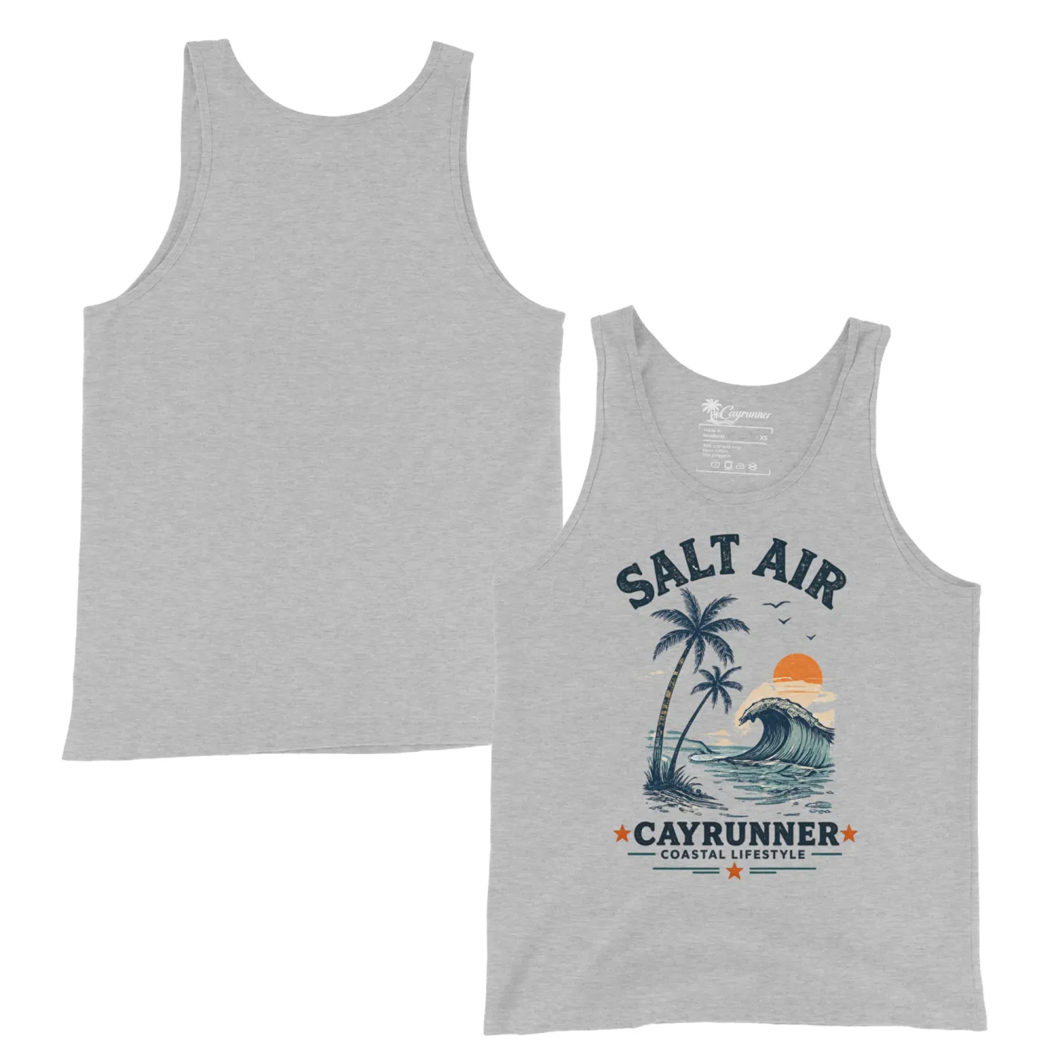 Cayrunner Salt Air Unisex Tank Top in athletic heather gray, plain back and front with palm trees, wave, and sun graphic.