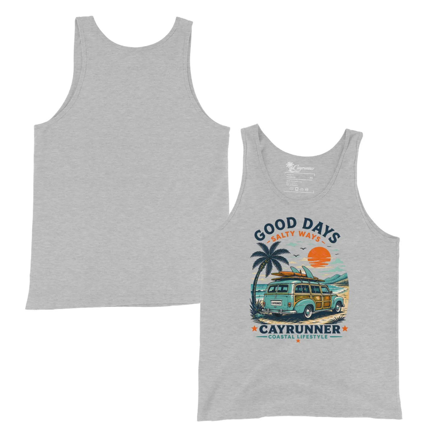 Cayrunner Good Days Salty Ways unisex tank top in athletic gray, showing front and back with surf wagon graphic.