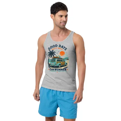 Man wearing a Cayrunner Good Days Salty Ways unisex tank top in athletic gray with surf wagon beach graphic.