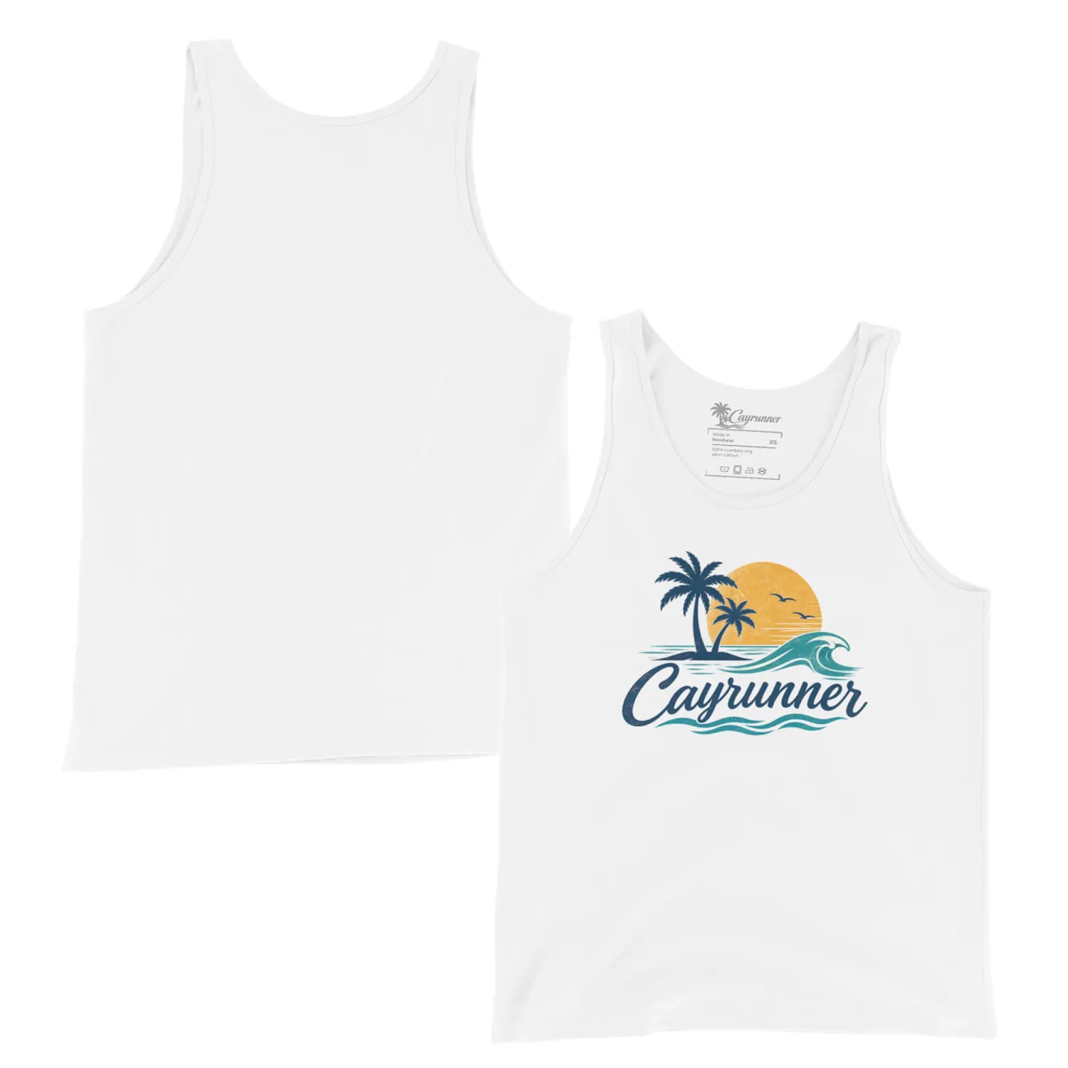 Cayrunner Sunset Break Unisex Tank Top in white, plain back and front with palm trees, sun, and wave logo.