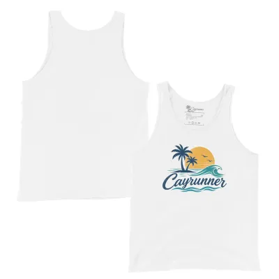 Cayrunner Sunset Break Unisex Tank Top in white, plain back and front with palm trees, sun, and wave logo.