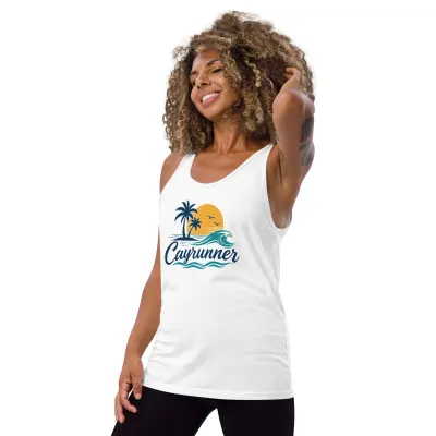 Smiling woman with curly hair wearing the white Cayrunner Sunset Break Unisex Tank Top with palm and wave design.