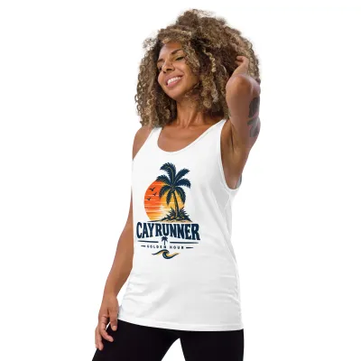 Woman wearing a Cayrunner Golden Sunset unisex tank top in white with a palm tree sunset graphic.