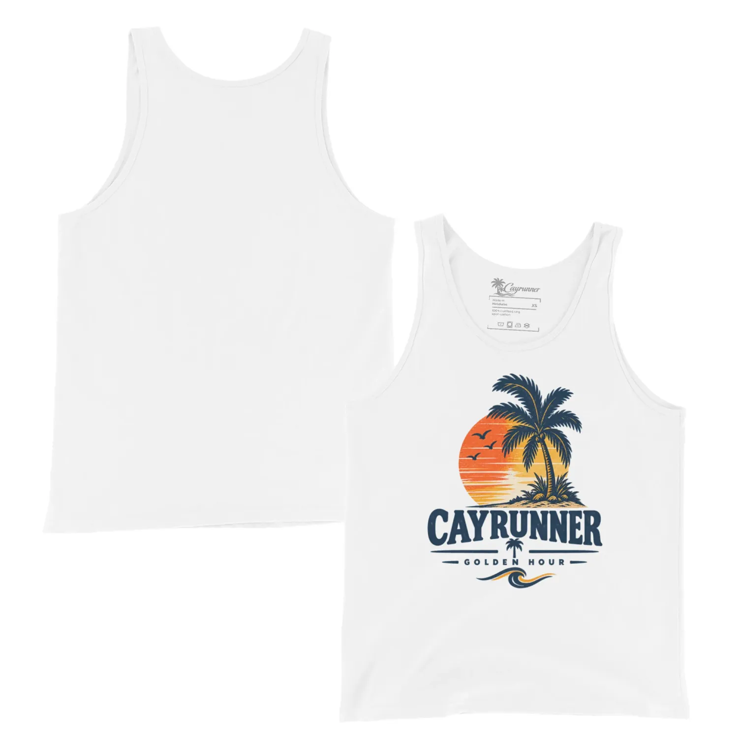 Cayrunner Golden Sunset unisex tank top in white, showing front and back with palm tree sunset graphic.
