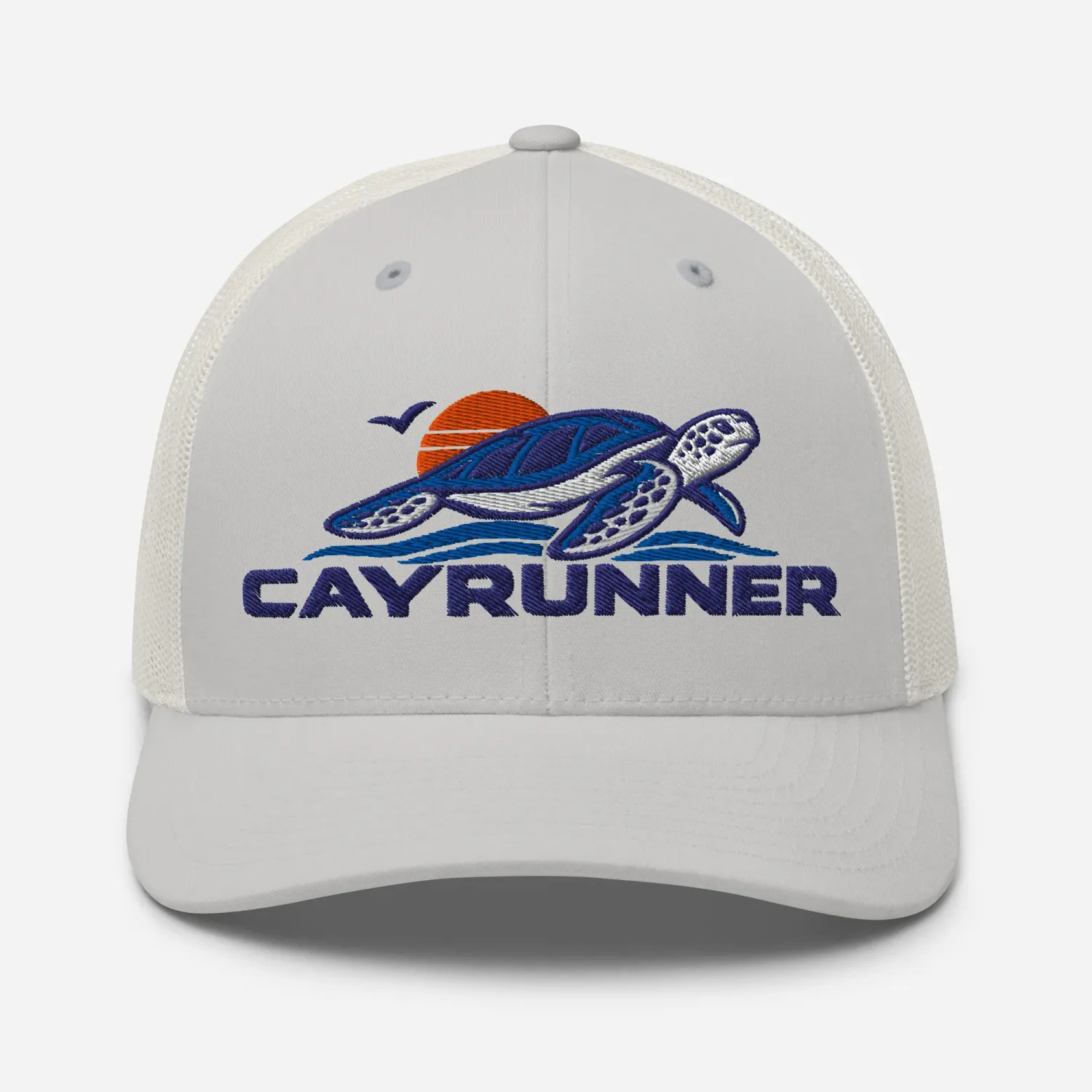 Cayrunner Turtle Trucker Cap in silver gray with embroidered sea turtle, waves, sunset, and Cayrunner lettering