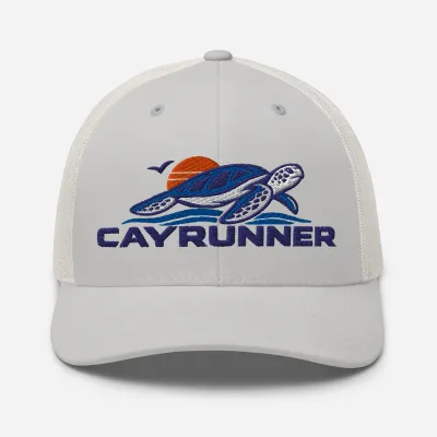 Cayrunner Turtle Trucker Cap in silver gray with embroidered sea turtle, waves, sunset, and Cayrunner lettering