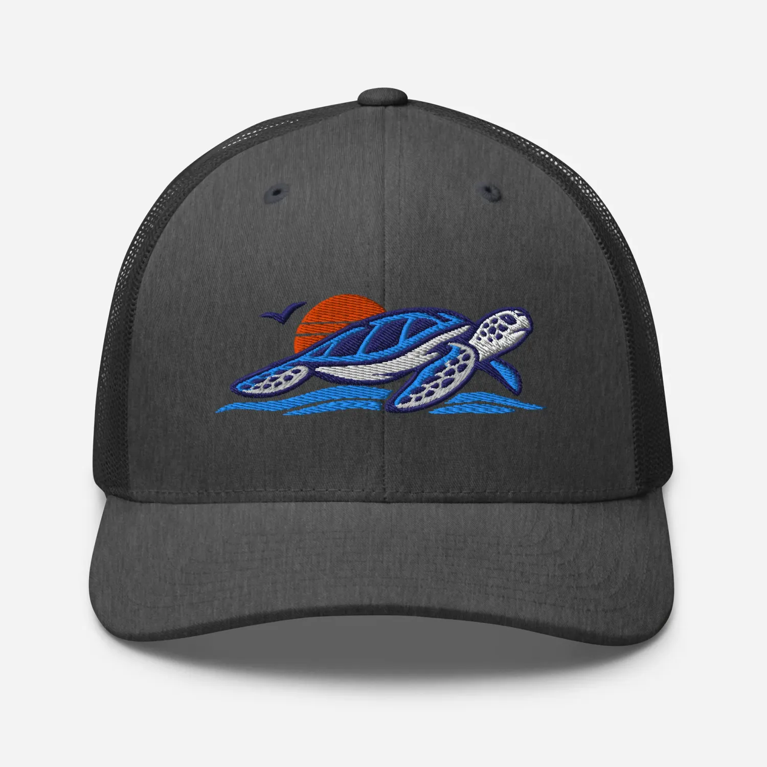 Cayrunner Sunset Turtle Trucker Cap in heather gray with embroidered sea turtle, sunset, seabird, and ocean waves