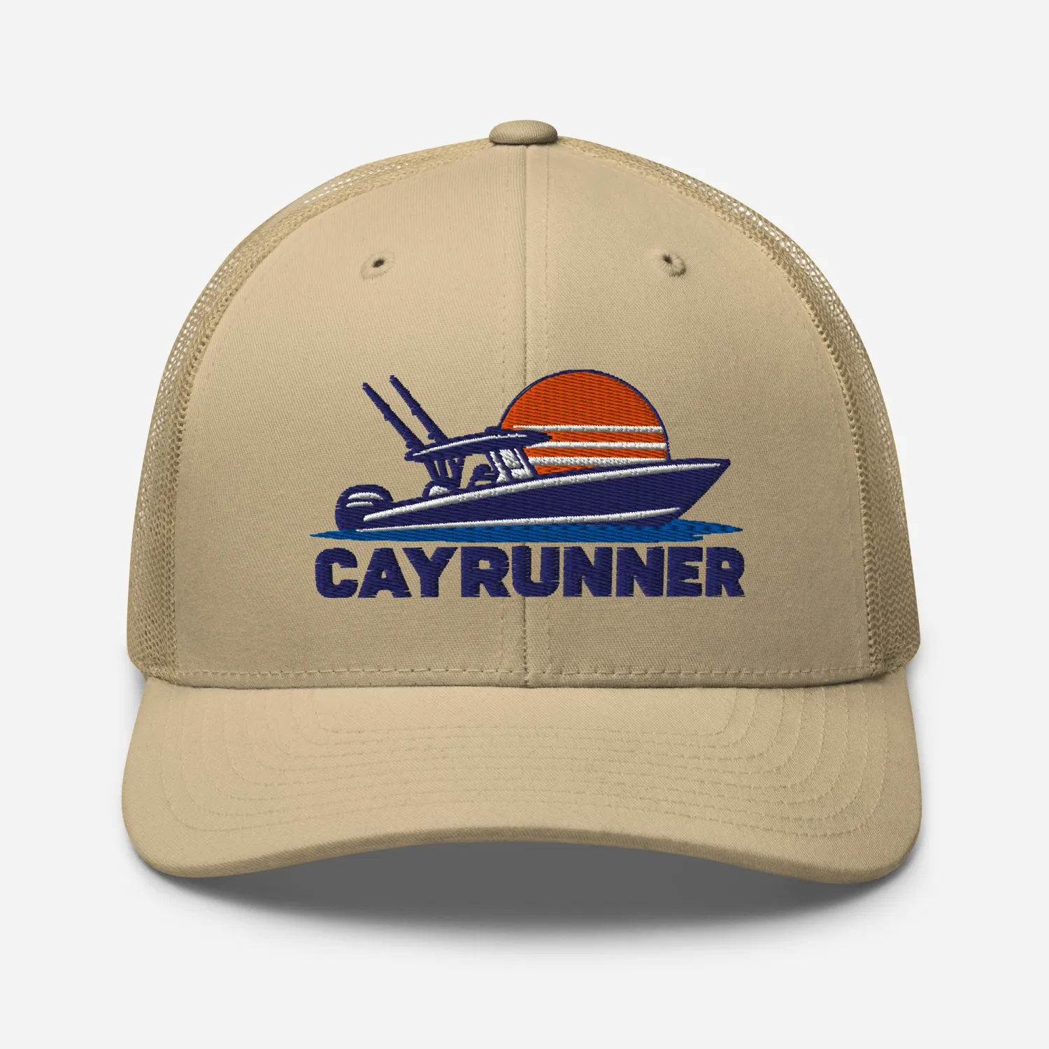 Cayrunner Boat Sunset Logo Trucker Cap in khaki with embroidered center-console boat, sunset, and Cayrunner lettering