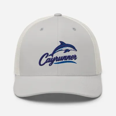 Leaping Dolphin Cayrunner Logo Trucker Cap in silver gray with embroidered dolphin, script logo, and wave accent