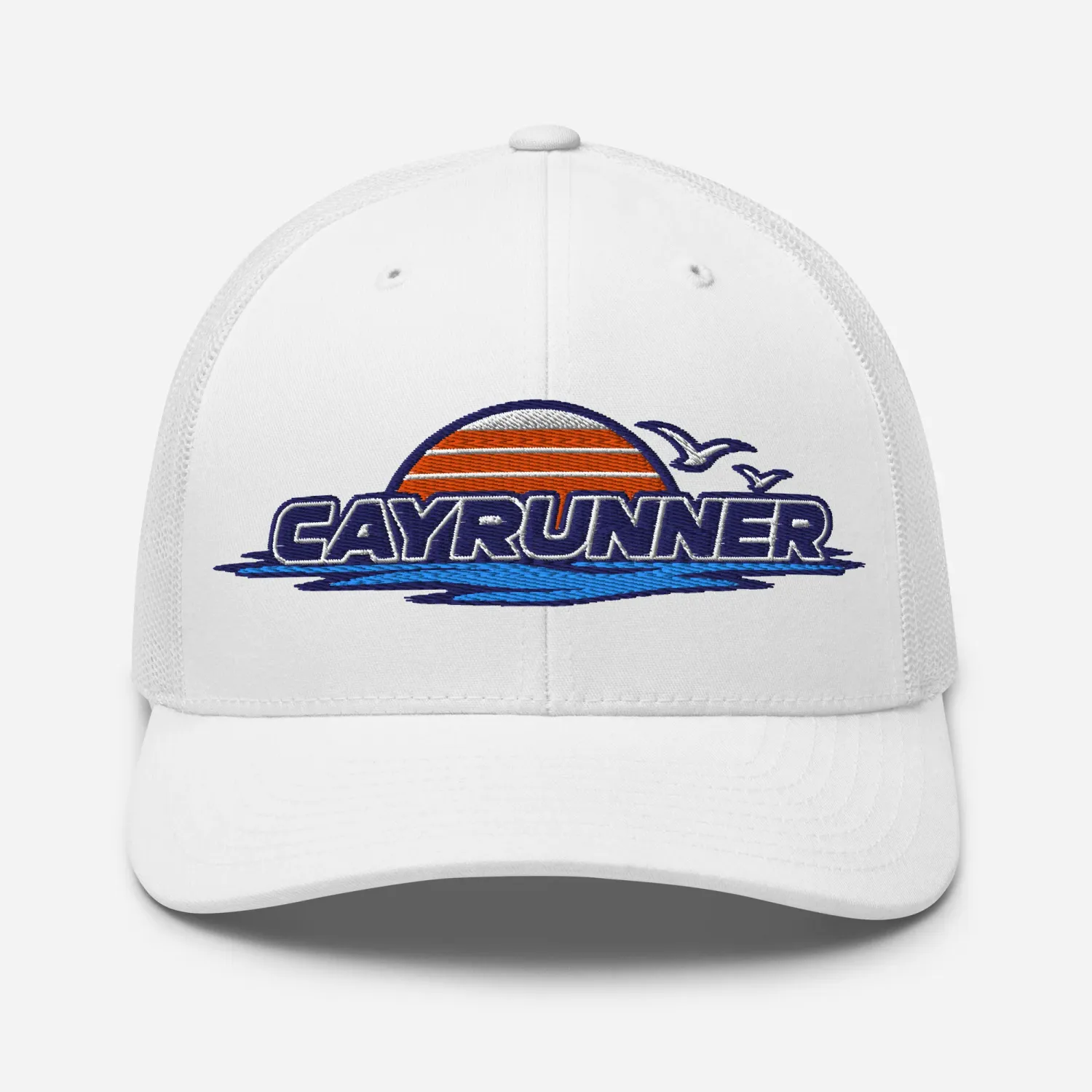 Cayrunner Retro Surf Emblem Trucker Cap in white with embroidered striped sunset, seabirds, waves, and Cayrunner text