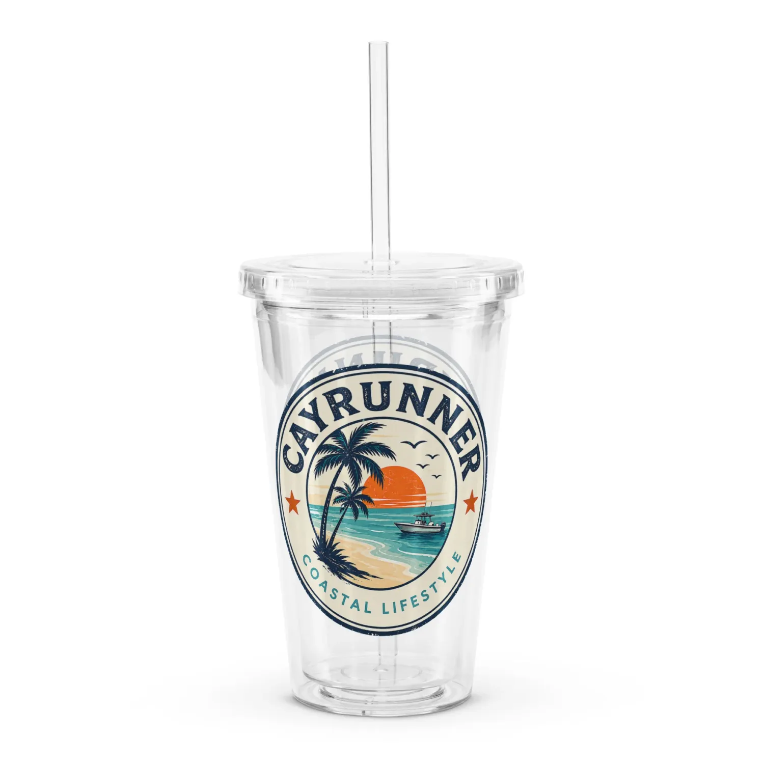Cayrunner Coastal Sunset Clear Plastic Tumbler with a circular palm, sunset and boat badge