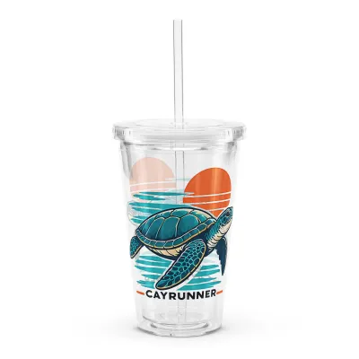 Cayrunner Sunset Turtle Clear Plastic Tumbler with a sea turtle swimming over turquoise water and a sunset