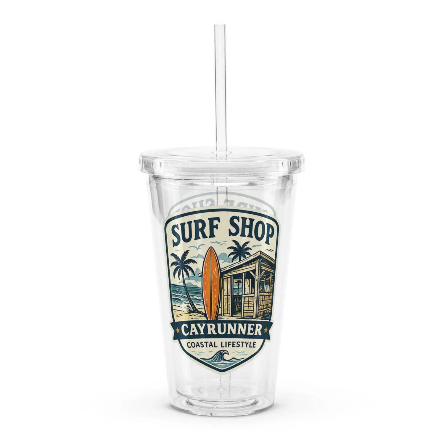 Cayrunner Surf Shop Badge Clear Plastic Tumbler with a surf shack, surfboard and palm trees badge