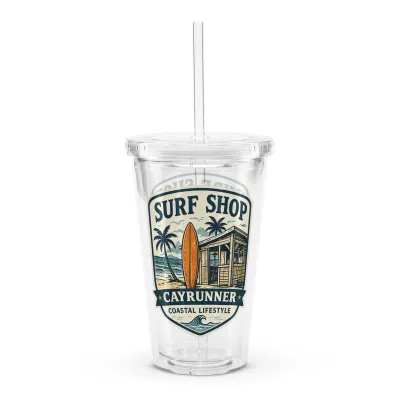 Cayrunner Surf Shop Badge Clear Plastic Tumbler with a surf shack, surfboard and palm trees badge