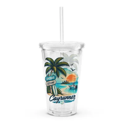 Cayrunner Tropical Sandbar Sunset Clear Plastic Tumbler with a palm tree, boat and sunset beach scene