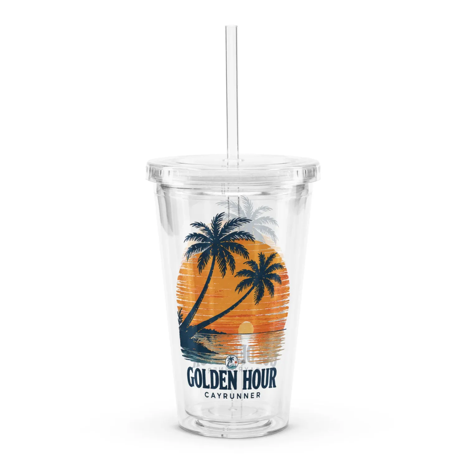 Cayrunner Golden Hour Tropical Sunset Clear Plastic Tumbler with two leaning palm trees and a golden sunset